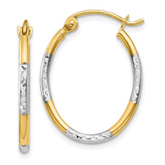 14K With White Rhodium Diamond Cut Oval Hoop Earrings