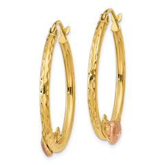14K & Rose Heart Diamond Cut Hoop Earrings