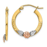 14K Yellow & Rose Gold With Rhodium Diamond Cut Flower Hoop Earrings