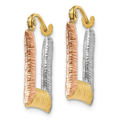 14K & White & Rose Rhodium Hollow Textured Square Hoop Earrings