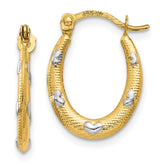 14K Rhodium Textured Hollow Oval With Hearts Hoop Earrings