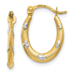 14K Rhodium Textured Hollow Oval With Hearts Hoop Earrings