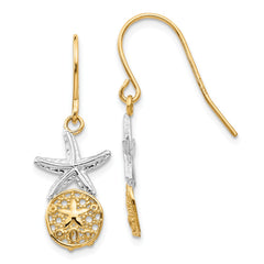 14K & Rhodium Starfish With Sand Dollar Shepherd Hook Earrings