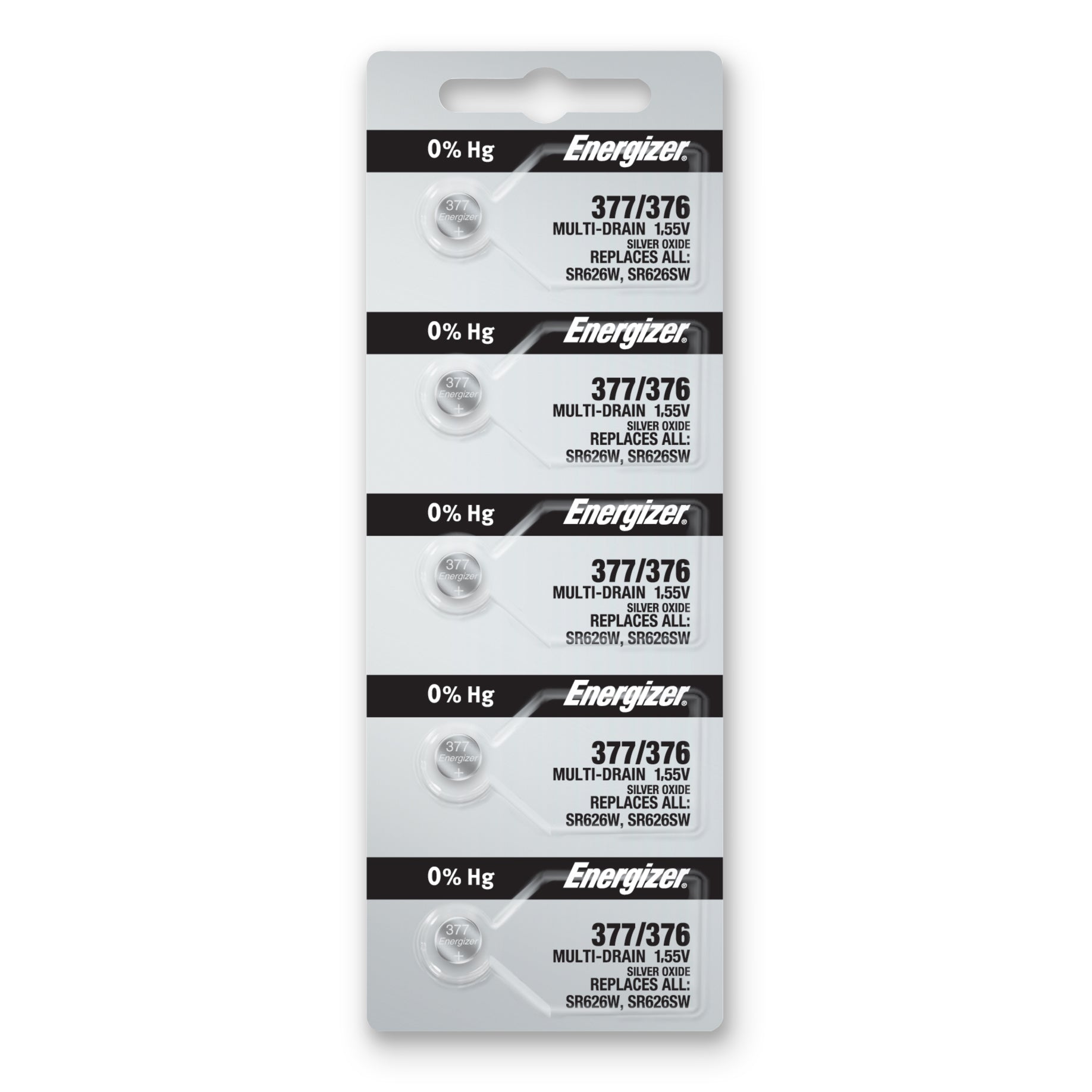 Pkg/(5) Type 377/376 Energizer Watch Batteries Tear Strip