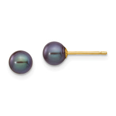 14K 5-6mm Black Round Freshwater Cultured Pearl Stud Post Earrings
