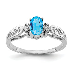 14K White Gold 6x4mm Oval Blue Topaz VS Diamond ring