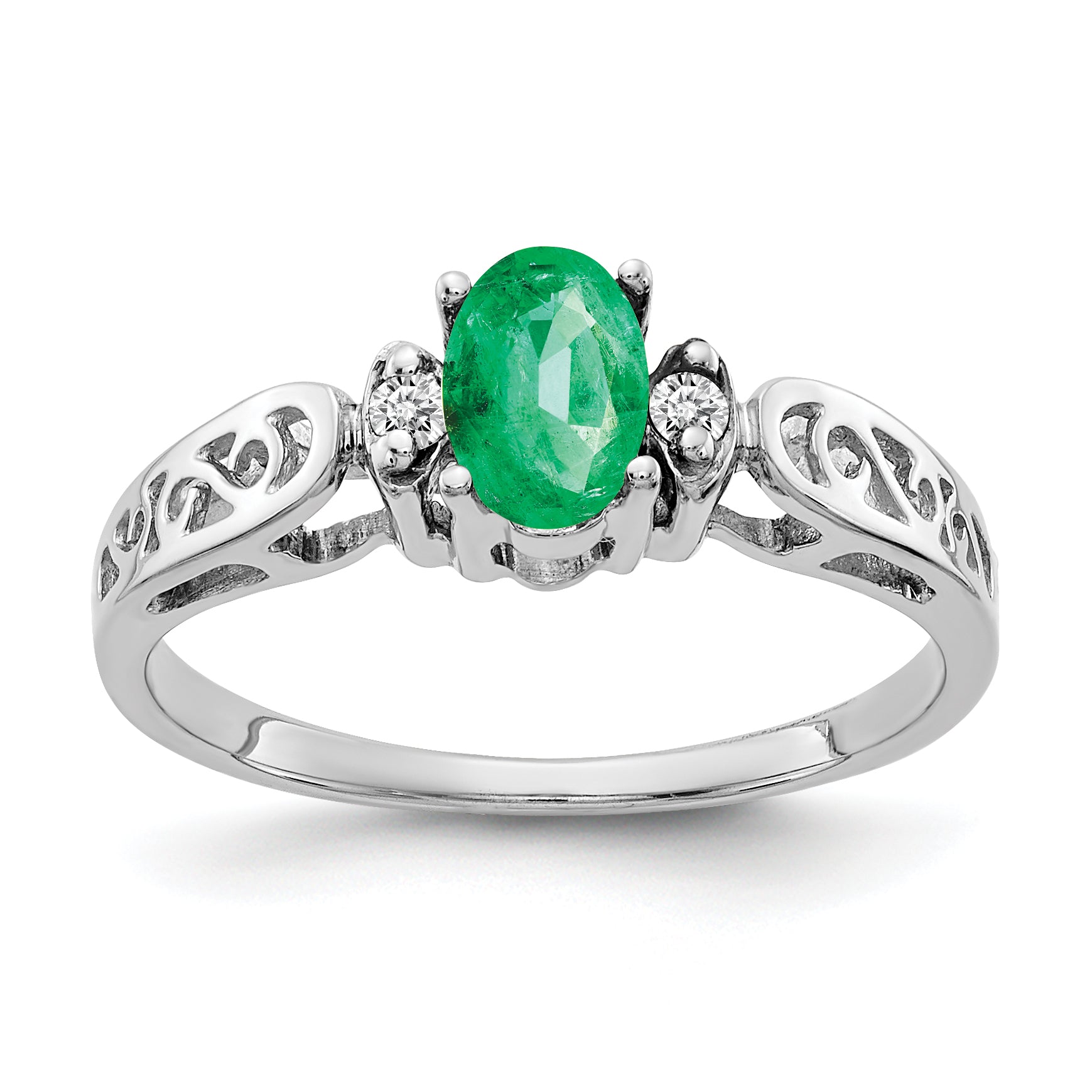14K White Gold 6x4mm Oval Emerald AA Diamond ring