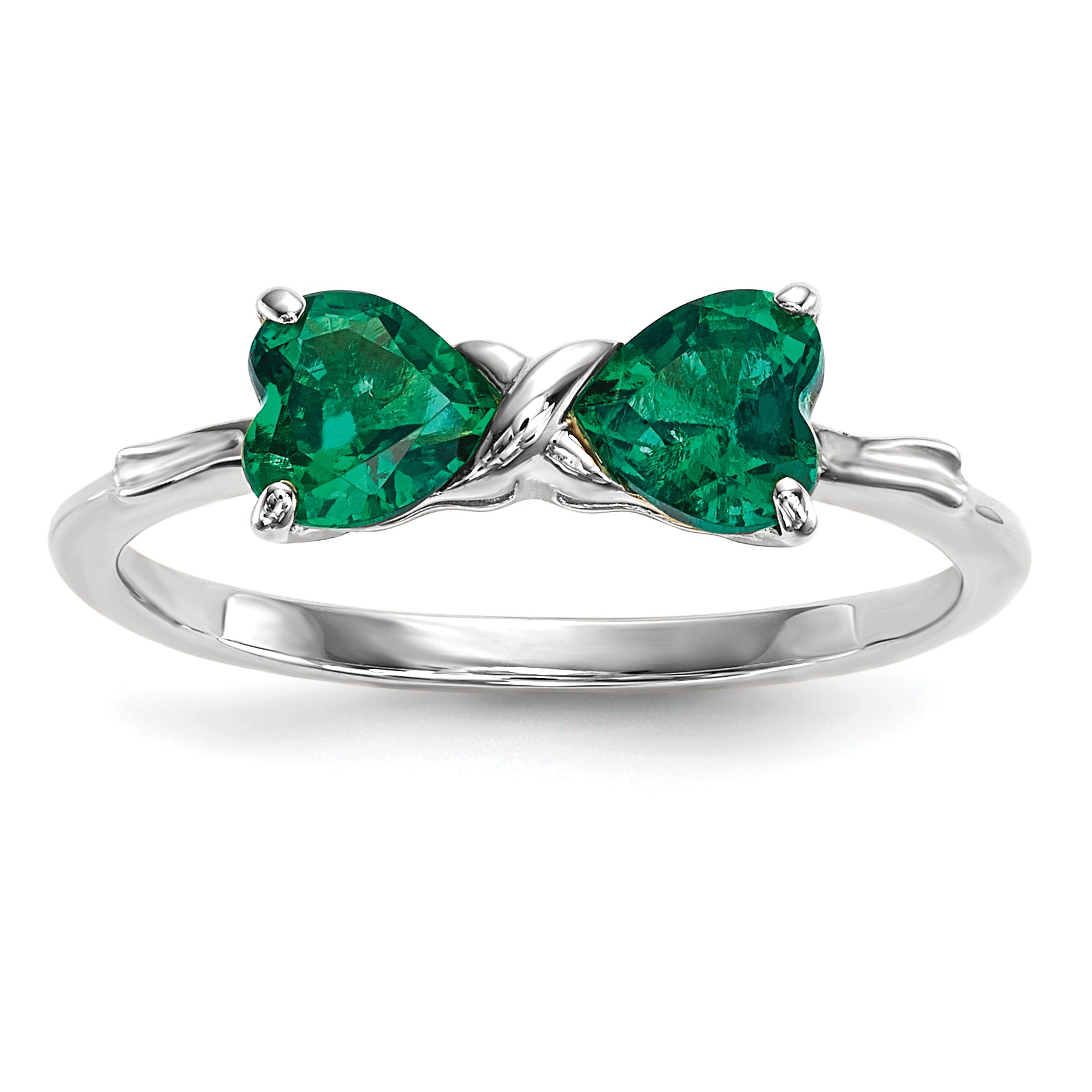 14k White Gold Polished Created Emerald Bow Ring