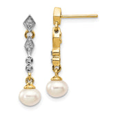 14K With Rhodium 5-6mm Semi-round FWC Pearl .04ct Diamond Earrings