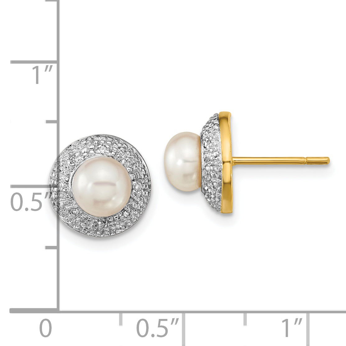 14k and Rhodium 5-6mm Button FWC Pearl .05ct Diamond Post Earrings