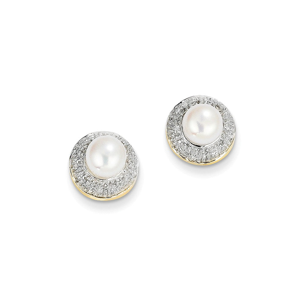 14K and Rhodium 5-6mm Button FWC Pearl .05ct Diamond Post Earrings