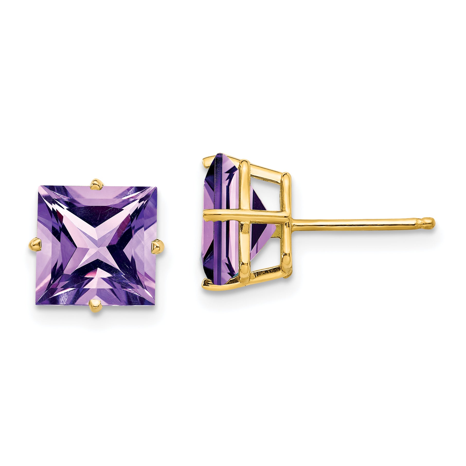 14k 8mm Princess Cut Amethyst Earrings