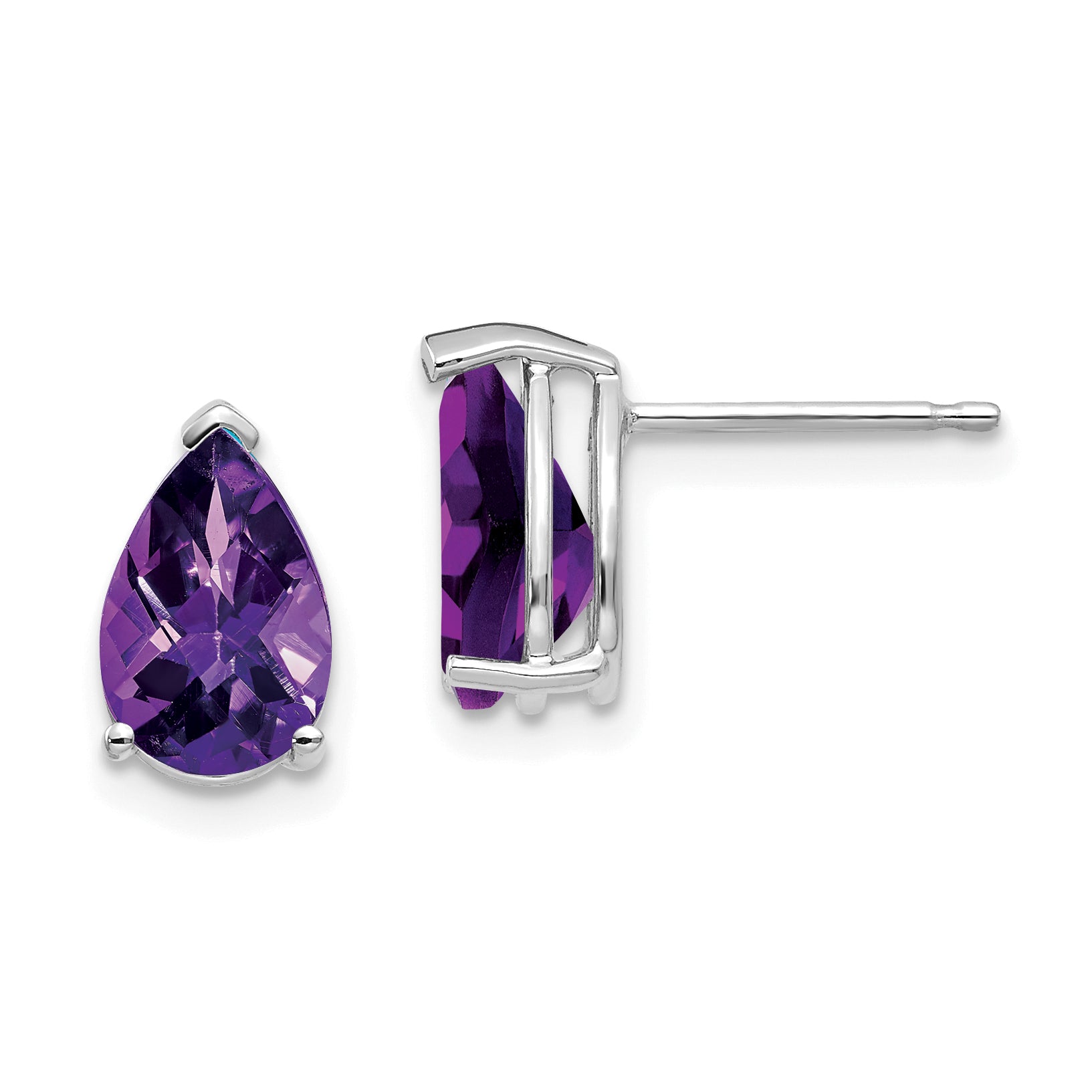 14k White Gold 9x6mm Pear Amethyst Checker Earrings