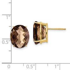 14k 12x10 Oval Checker-Cut Smoky Quartz Earrings