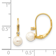 14K 5-6mm Round White FWC Pearl .02 ct. Diamond Leverback Earrings