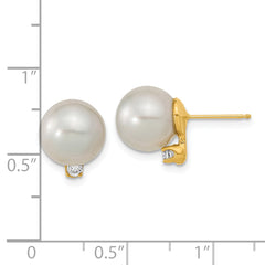 14k 9-10mm White Saltwater Cultured South Sea Pearl .10ct Dia Earrings