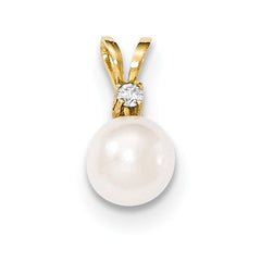 14K 8-9mm Round White Saltwater Akoya Cultured Pearl Diamond Pendant