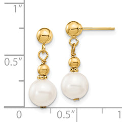 14K 7-8mm White Semi-round Freshwater Cultured Pearl Dangle Post Earrings