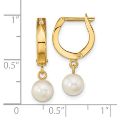 14k 6-7mm White Round Akoya Saltwater Cultured Pearl Hoop Dangle Earrings