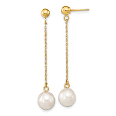 14k 7-8mm White Round Freshwater Cultured Pearl Dangle Post Earrings