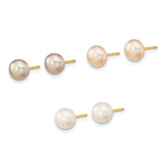 14k 6-7mm Button Freshwater Cultured Pearl Boxed 3 pair Post Earrings Set