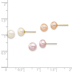 14k 6-7mm Button Freshwater Cultured Pearl Boxed 3 pair Post Earrings Set