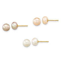 14k 6-7mm Button Freshwater Cultured Pearl Boxed 3 pair Post Earrings Set