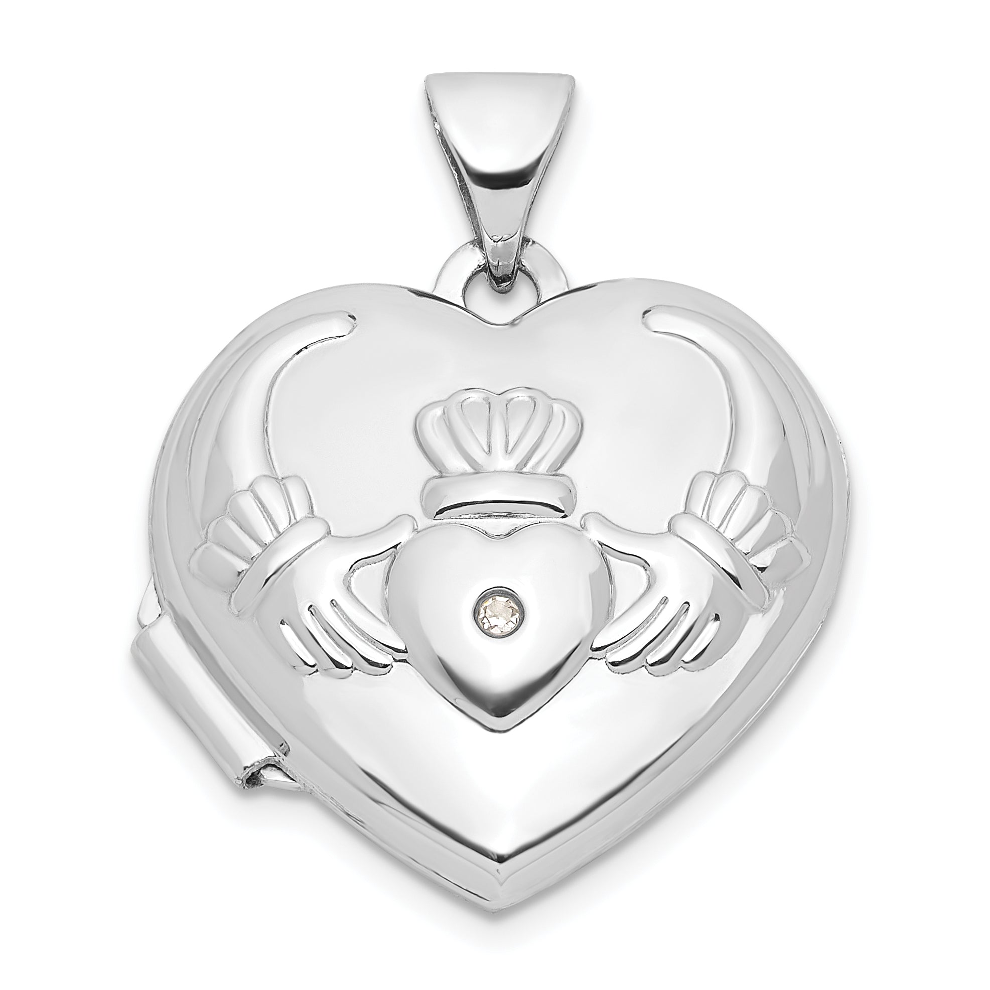 14k White Gold Diamond Heart Claddagh Locket
