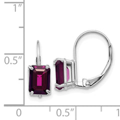 14k White Gold 7x4 Emerald Cut Rhodolite Garnet Leverback Earrings