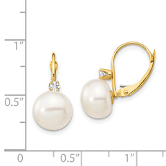 14K 10-11mm White Button FWC Pearl .10ct Diamond Leverback Earrings