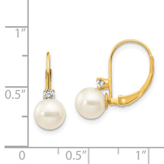 14k 6-7mm White Round FW Cultured Pearl AA Diamond Leverback Earrings