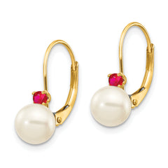 14k 6-6.5mm White Round FW Cultured Pearl Ruby Leverback Earrings