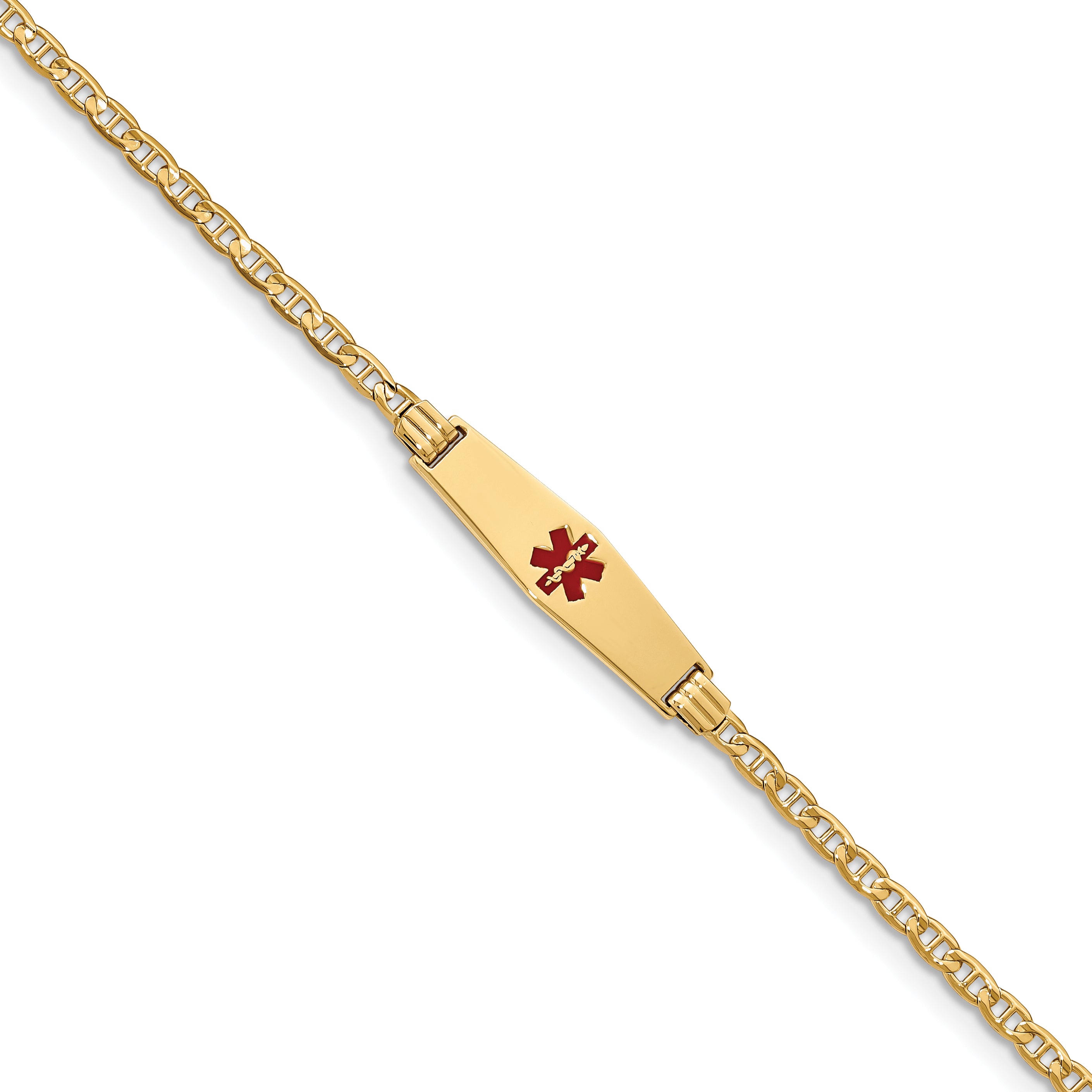 14K Medical Soft Diamond Shape Red Enamel Anchor ID Bracelet