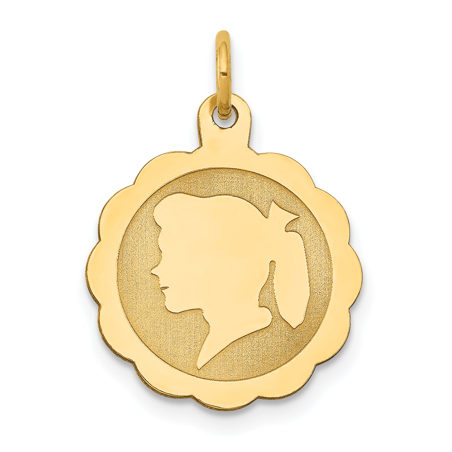 14K Girl Head on .011 Gauge Engravable Scalloped Disc Charm