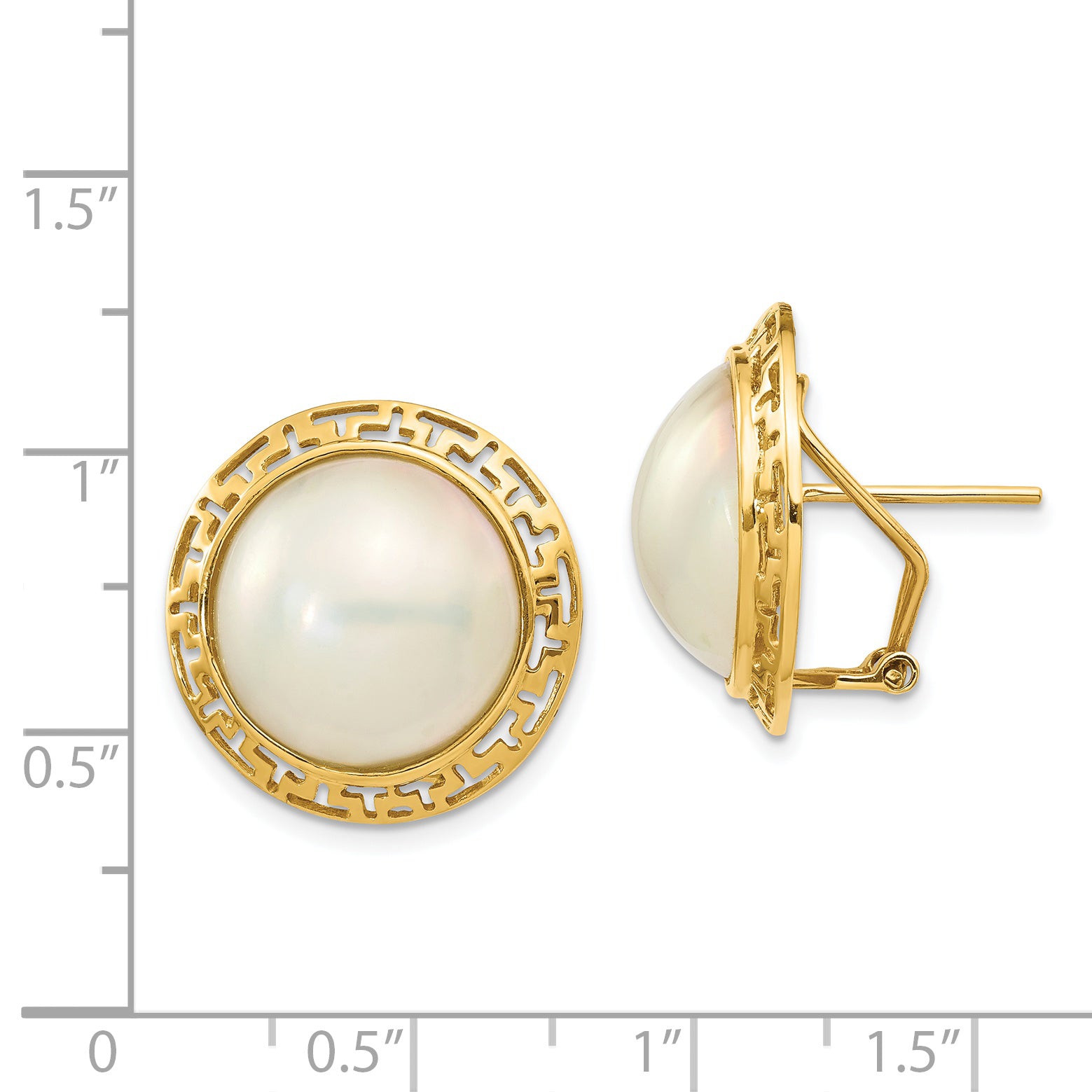 14k 14-15mm White Freshwater Cultured Mabe Pearl Omega Back Earrings
