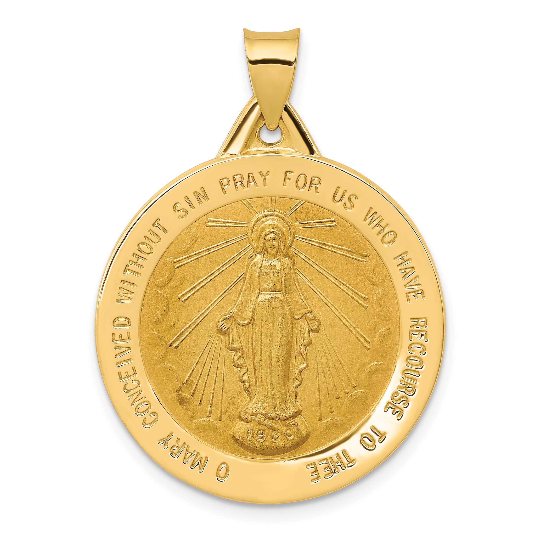 14k Polished and Satin Miraculous Medal Hollow Pendant