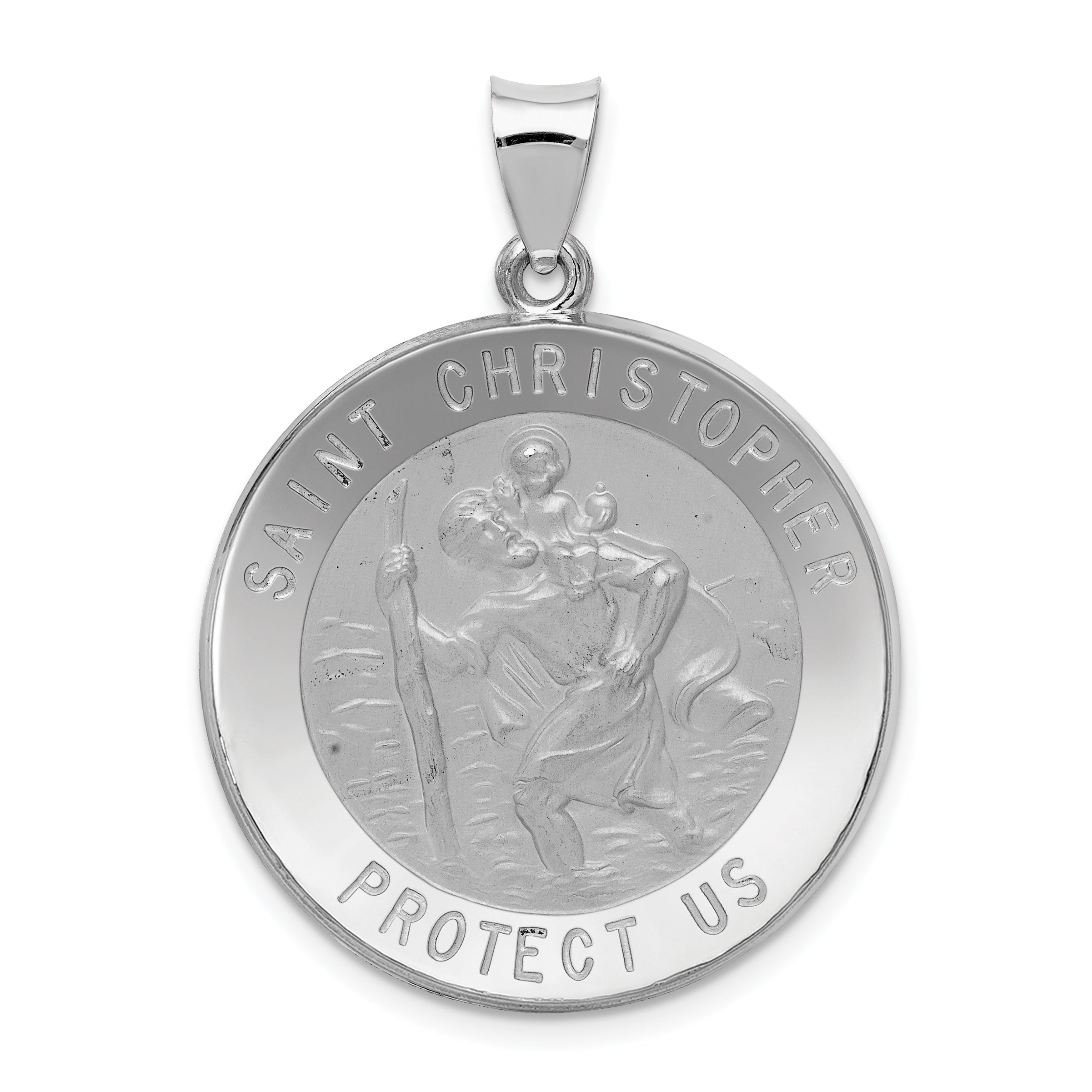 14k White Gold Polished/Satin St Christopher Medal Hollow Pendant
