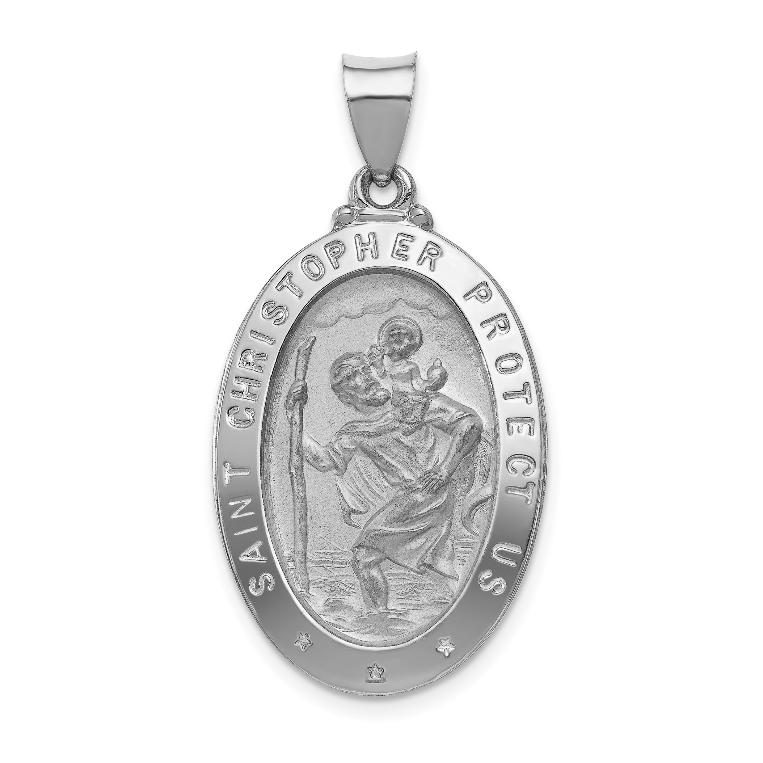 14k White Gold Polished/Satin St Christopher Medal Hollow Pendant