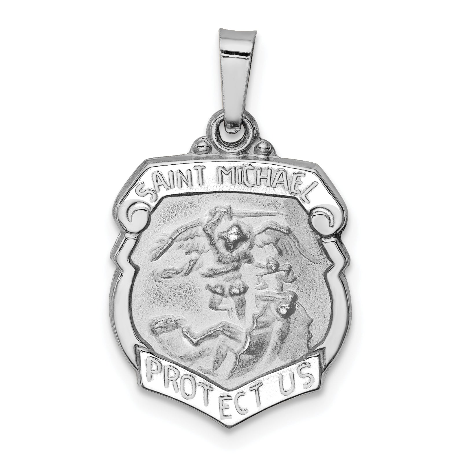 14k White Gold Polished and Satin St Michael Medal Hollow Pendant