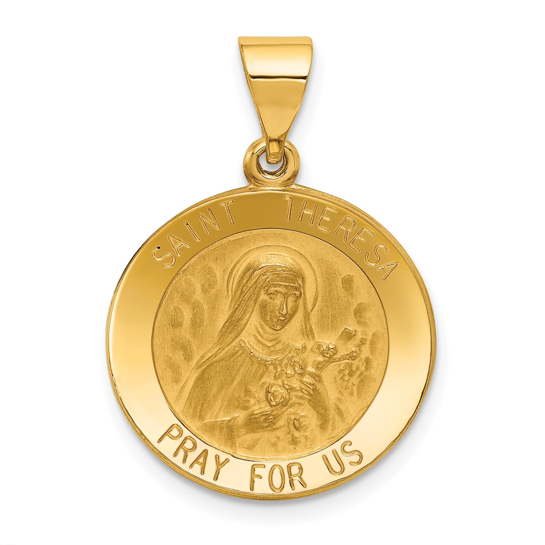 14k Polished and Satin St Theresa Medal Hollow Pendant