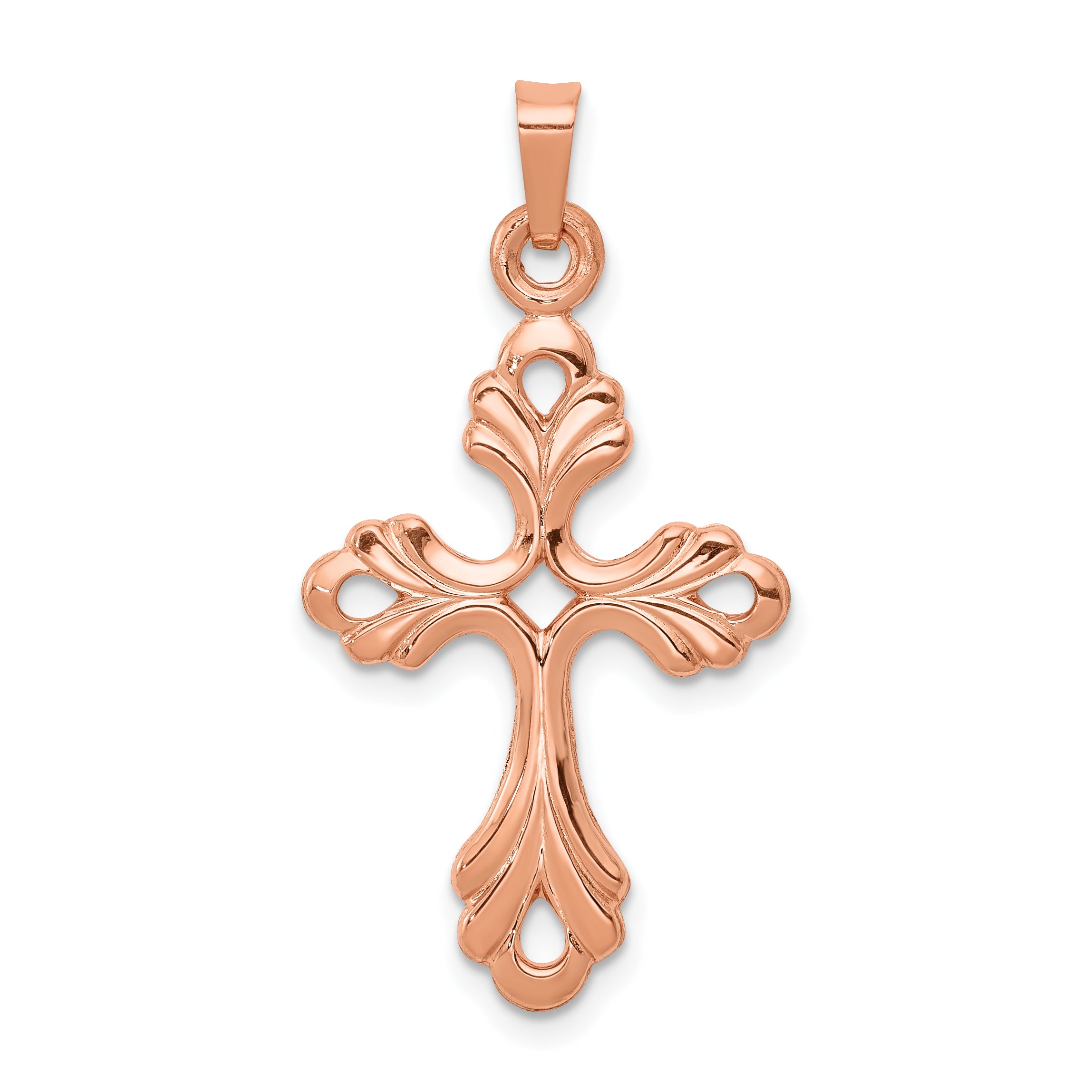 14K Rose Gold Polished Fleur De Lis Cross Pendant