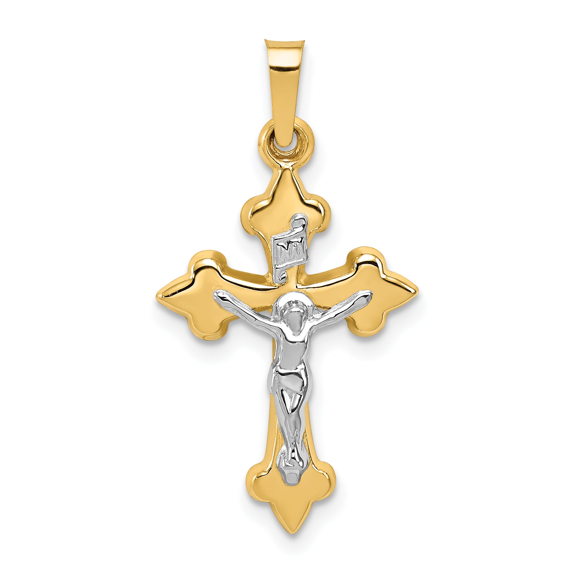 14k Two-tone Polished Fleur de Lis INRI Crucifix Pendant
