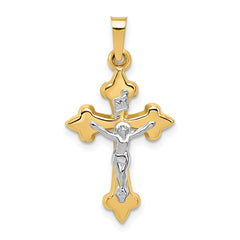 14k Two-tone Polished Fleur de Lis INRI Crucifix Pendant