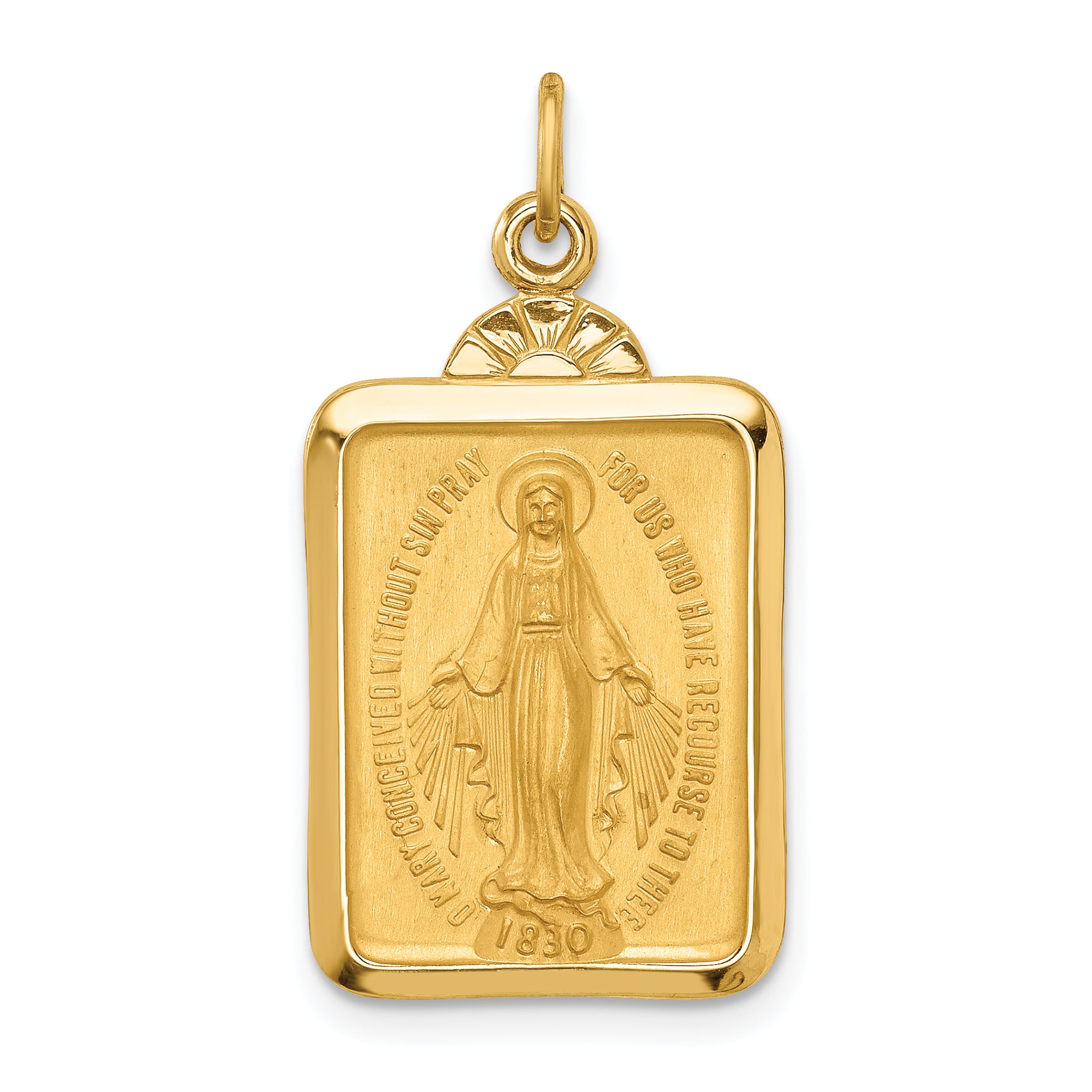 14k Solid Polished/Satin Rectangle w/Fan Top Miraculous Medal