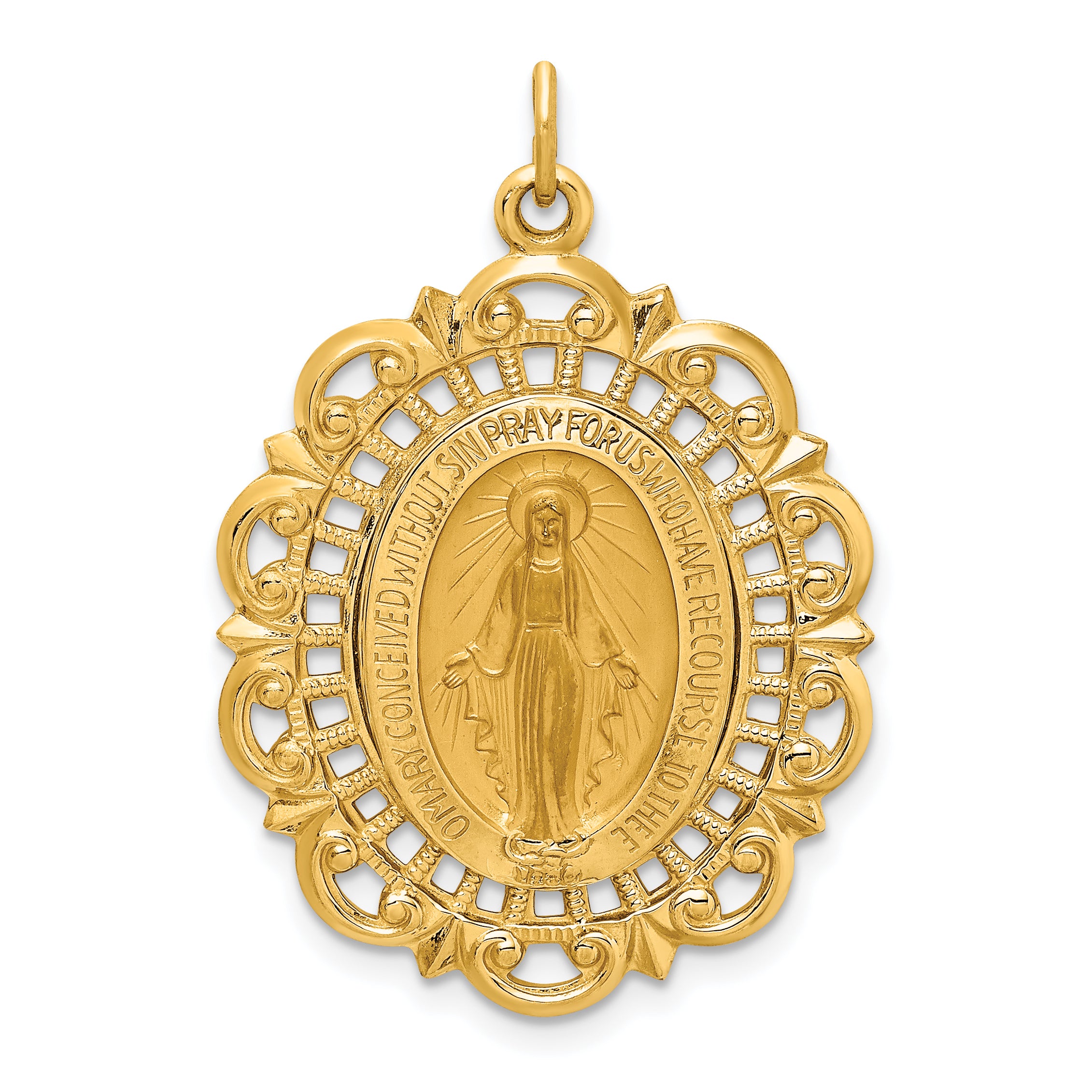 14k Solid Polished/Satin Fancy Pierced Oval Miraculous Medal