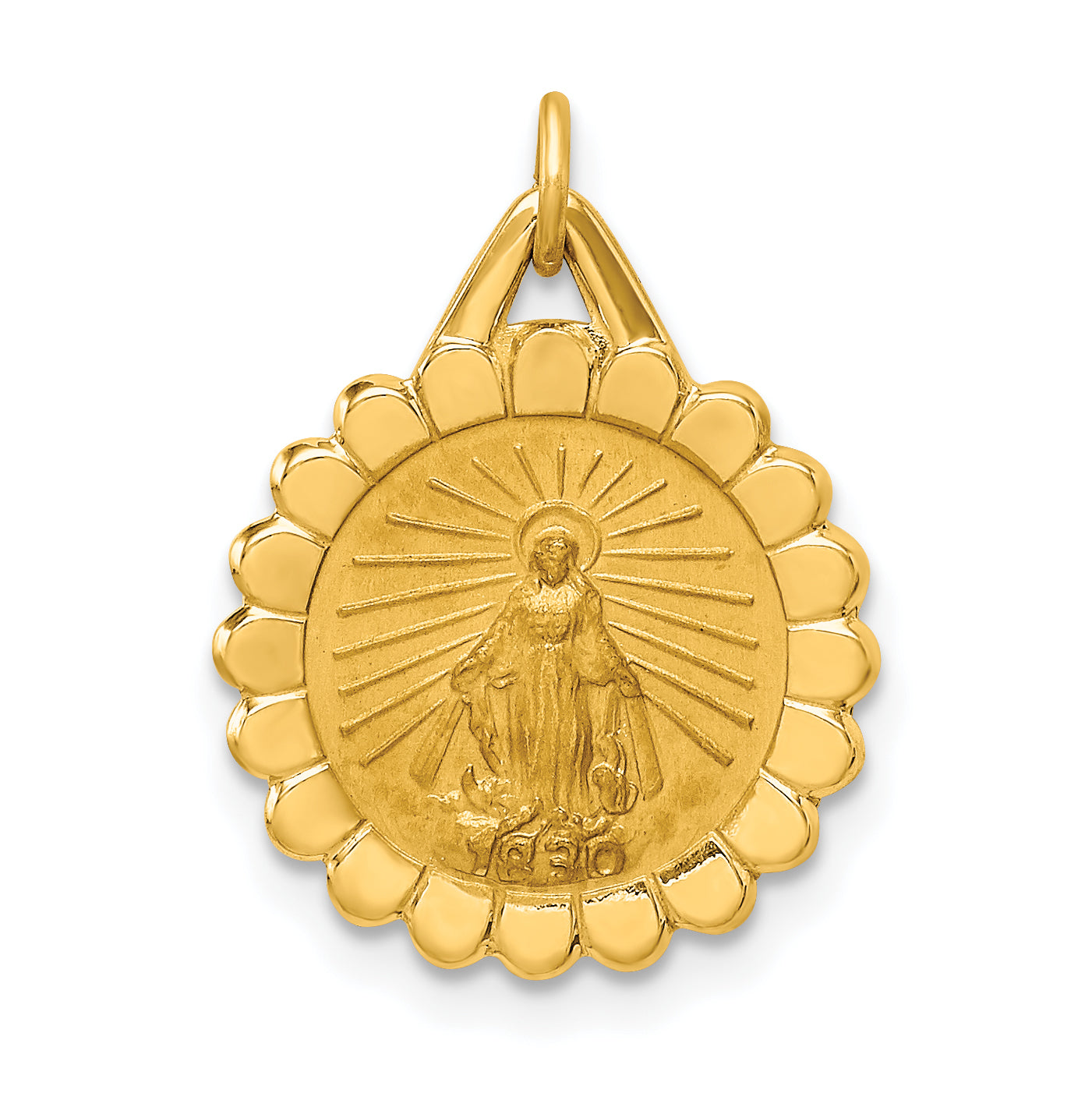 14k Solid Polished/Satin Small Round Scalloped Miraculous Medal