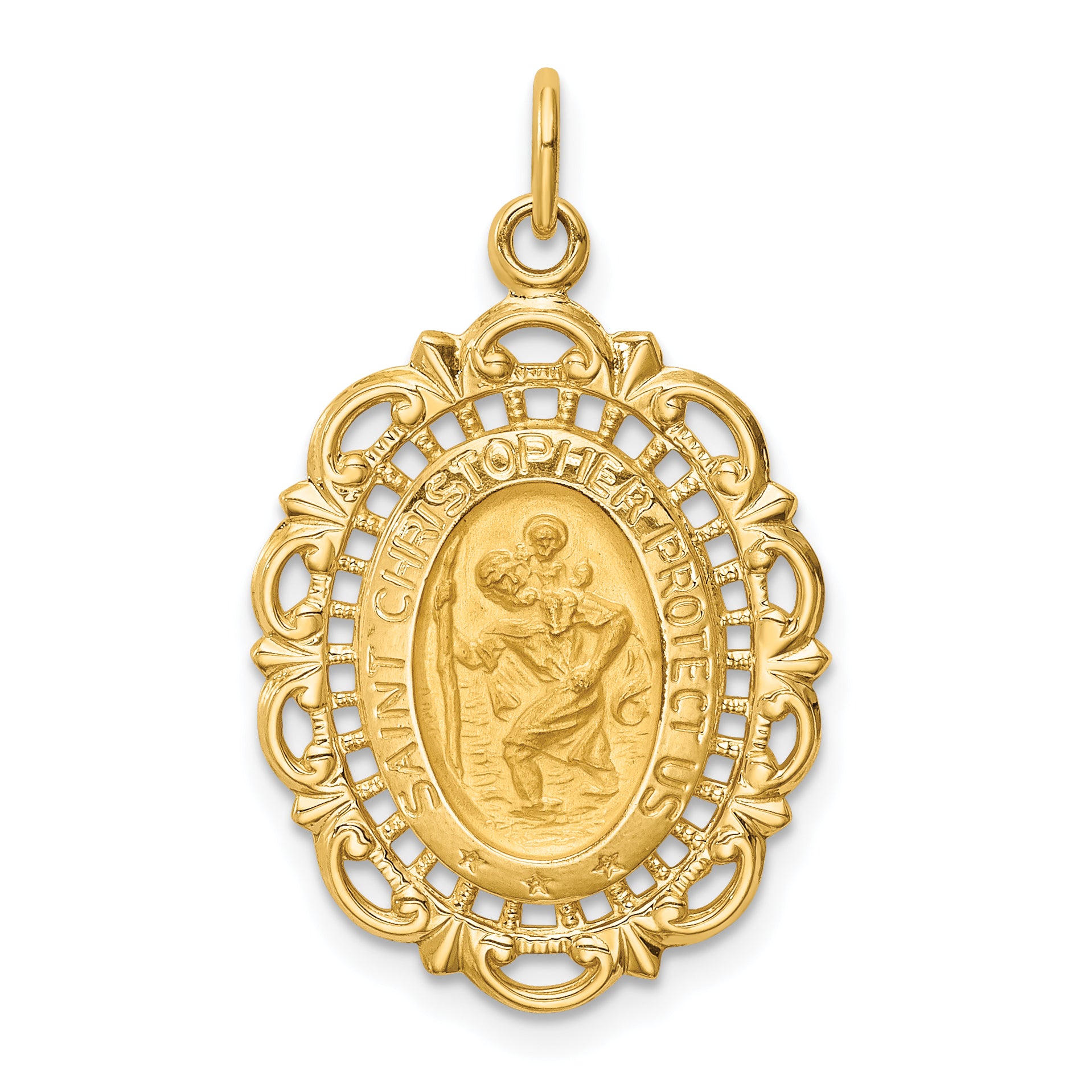 14k Solid Polished/Satin Medium Fancy Pierced Oval St. Christopher Medal