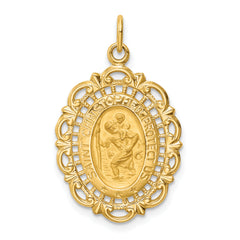 14k Solid Polished/Satin Medium Fancy Pierced Oval St. Christopher Medal