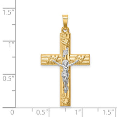 14k Two-tone Hollow Polished Textured & Striped Latin Crucifix