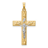 14k Two-tone Hollow Polished Textured & Striped Latin Crucifix